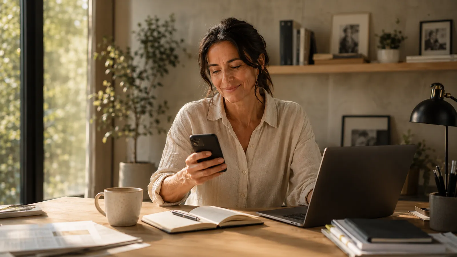 At her desk in the morning, she glances at the overnight summary — at ease