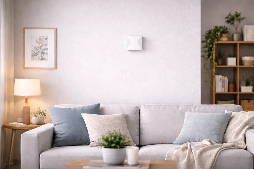 One small radar sensor on the living-room wall, above the sofa