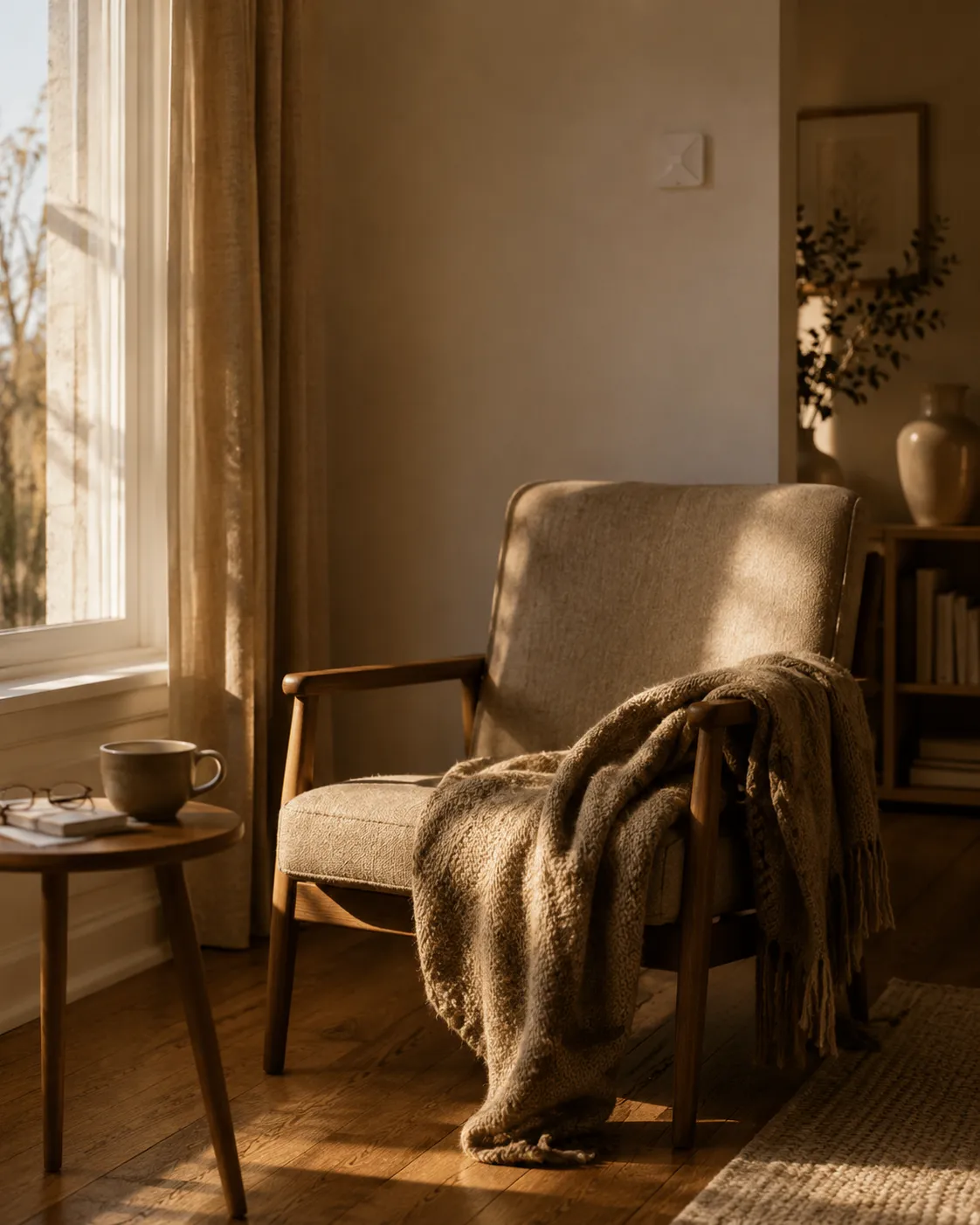 An empty armchair with a throw, by the window
