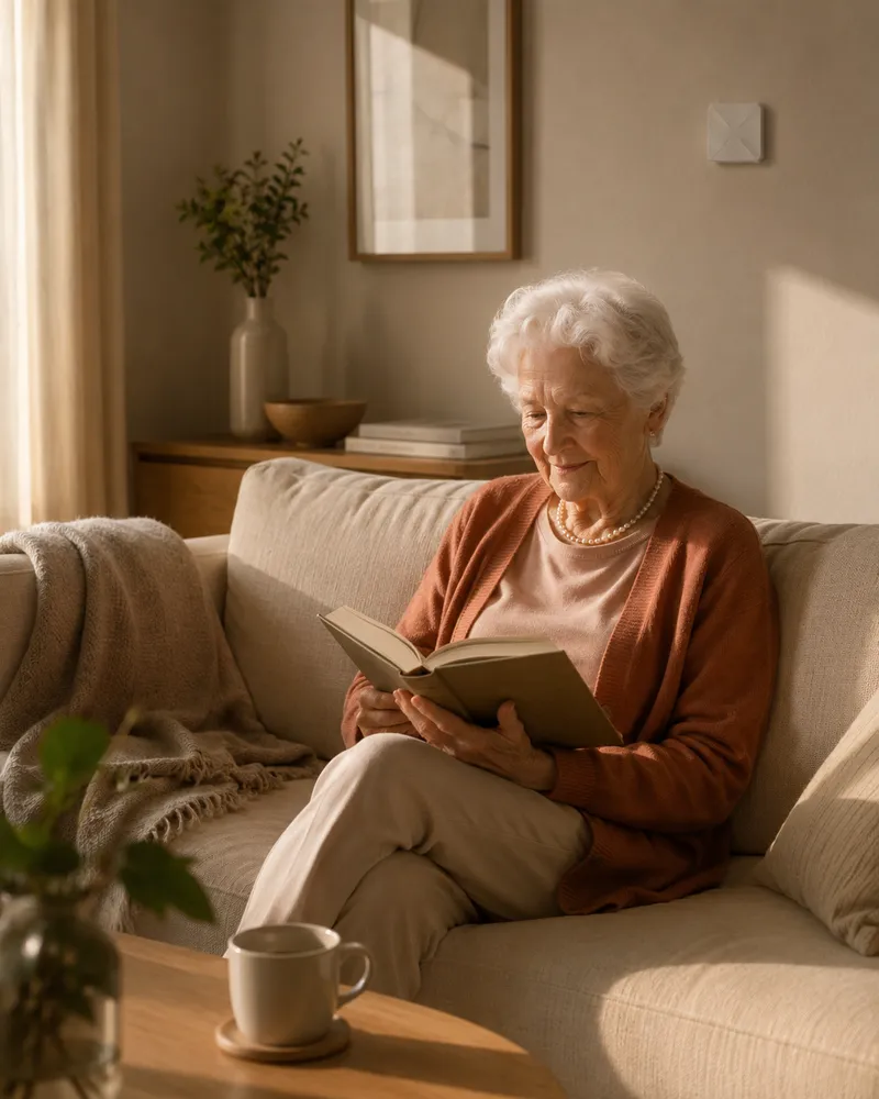 Older woman reading on the sofa, with a discreet OdeCare sensor on the wall