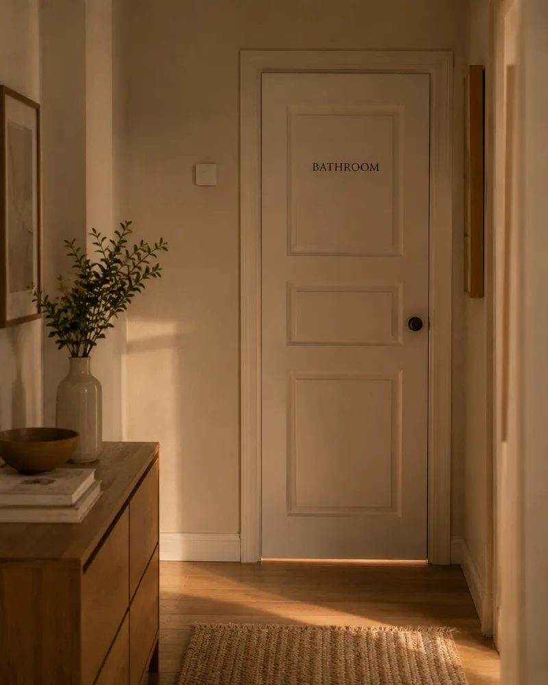 Closed bathroom door with a discreet OdeCare sensor in the hallway