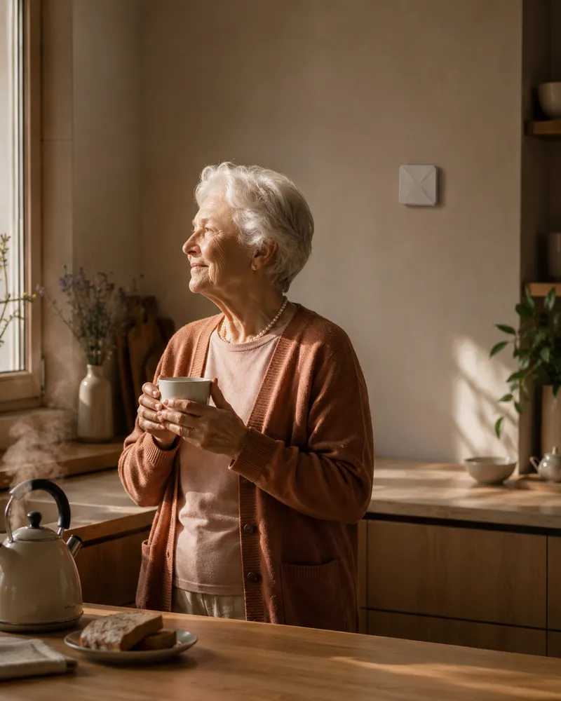 Older woman holding coffee in her kitchen, with a discreet OdeCare sensor on the wall