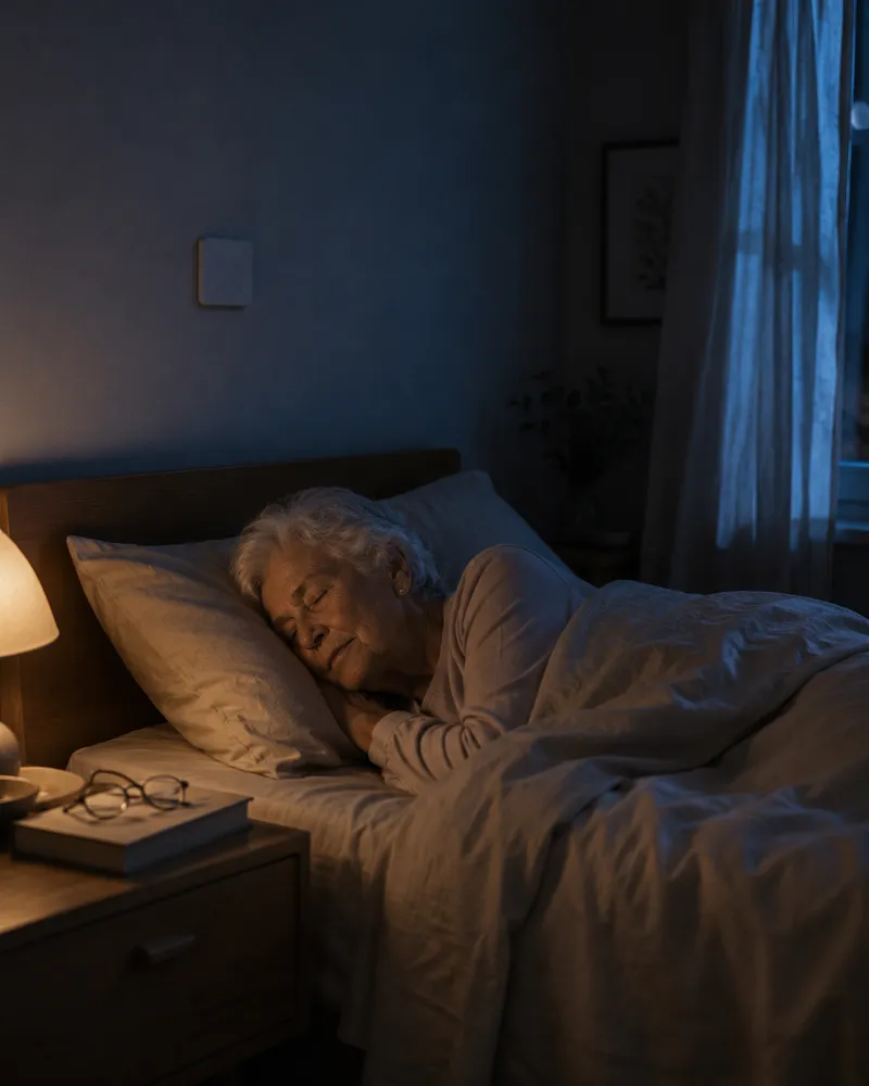 Older woman sleeping at night, with a discreet OdeCare sensor on the bedroom wall