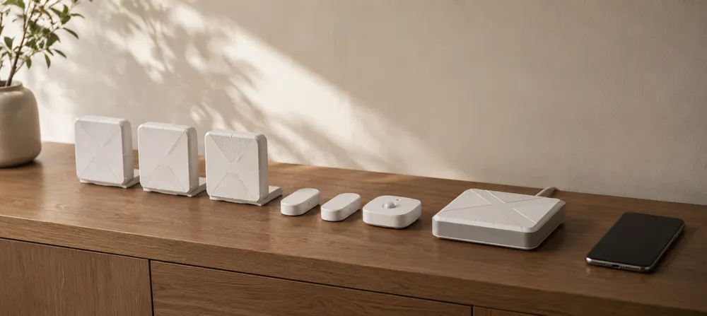 The complete OdeCare kit: radar sensors, door and climate sensors, the home hub and a phone